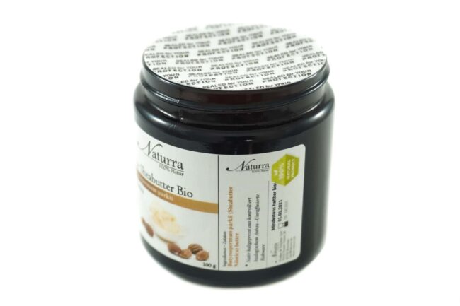 biologisch angebaute Sheabutter Nilotica kaltgepresst unraffiniert vegane Naturkosmetik Rohware frisch Braunglas Glastiegel